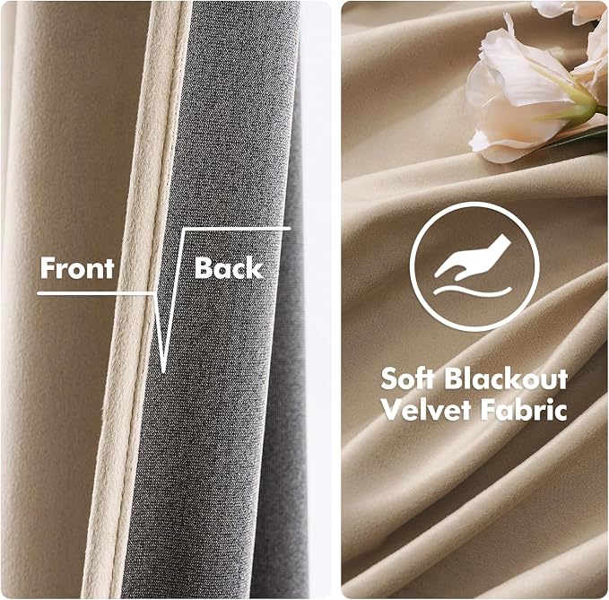 MIULEE 2 Panels Blackout Velvet Curtains Solid Soft Grommet Camel Beige Curtain - Image 3
