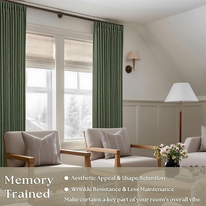 Olive Green Pinch Pleated Linen Semi Sheer Bedroom Curtains 92 Inches Long | - Image 2