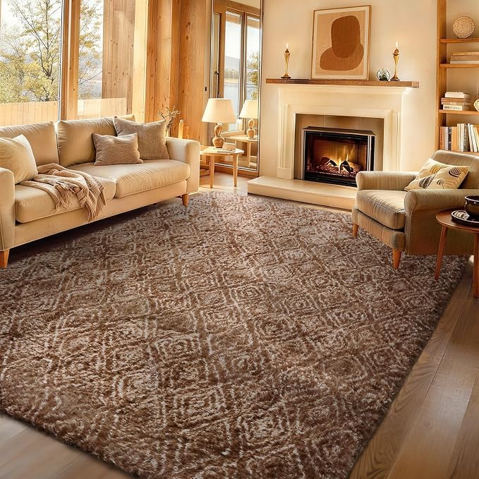 Ophanie Brown and White Diamond Striped Rugs by Ophanie