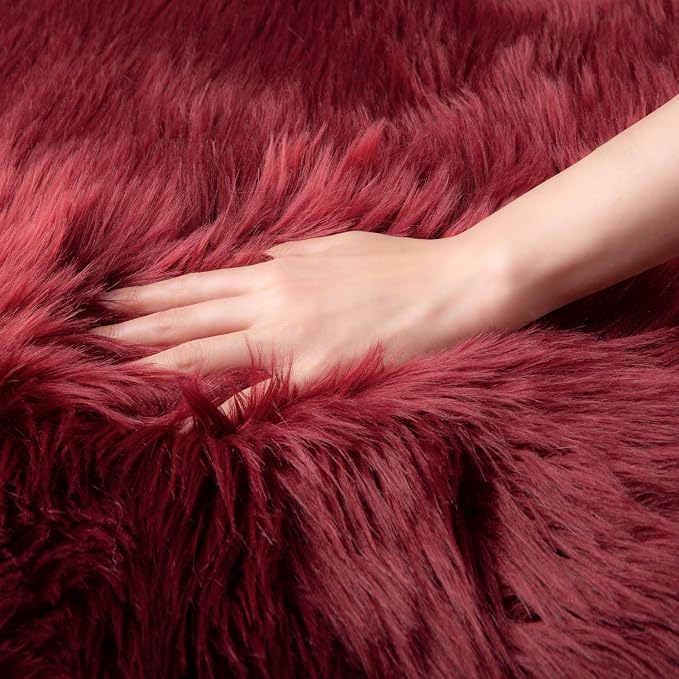 Ashler Faux Fur Rug, Deep Red Area Rugs, Fluffy Sheepskin Fur Rug, Fuzzy Ultra - Image 5
