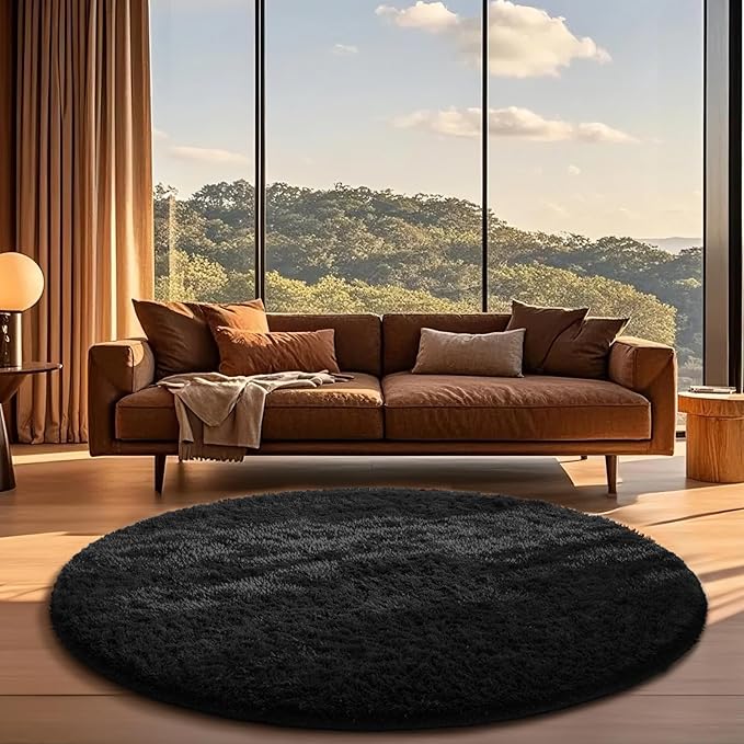 Ophanie Round Rug 6Ft Black Circle Area Rug, Room Decor by Ophanie
