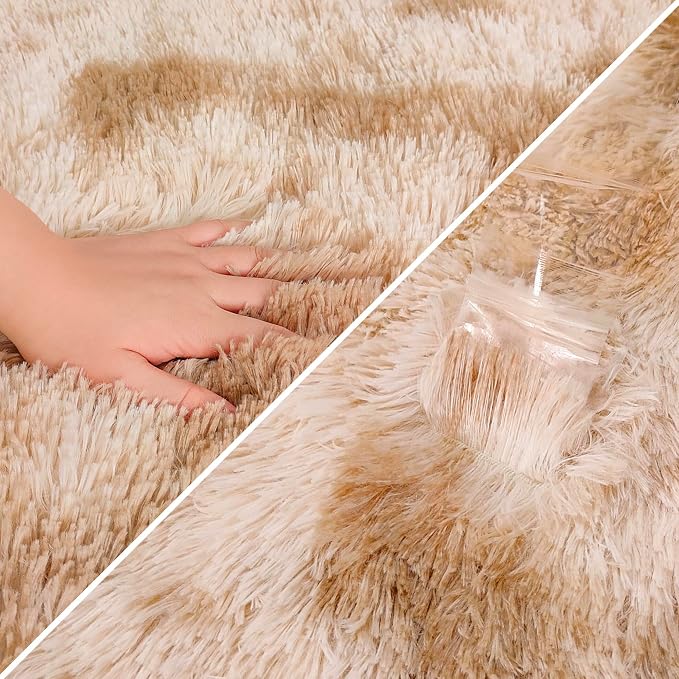 Super Soft Fluffy Living Room Area Rugs 3x10 ft Tie-Dyed Beige Shaggy Furry - Image 6
