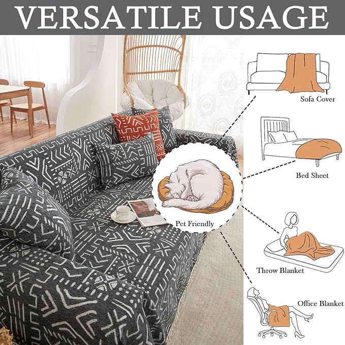 HANDONTIME Black White Boho Sofa Cover Geometric Farmhouse Tassel Couch Covers - Image 6