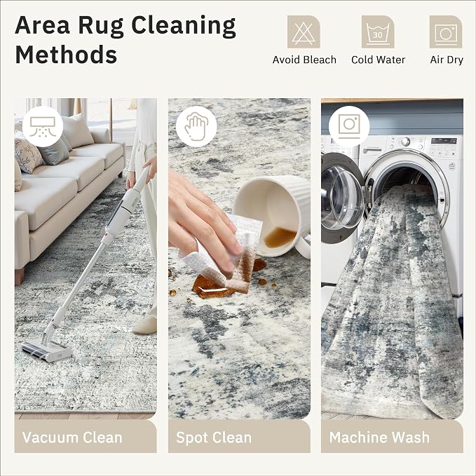 Abstract Rug 5x7 Machine Washable Area Indoor Grey Low Pile Non-Slip Foldable - Image 9