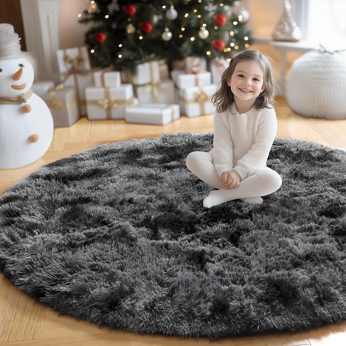 Amdrebio Tie-Dyed Dark Grey Round Rugs - Image 7
