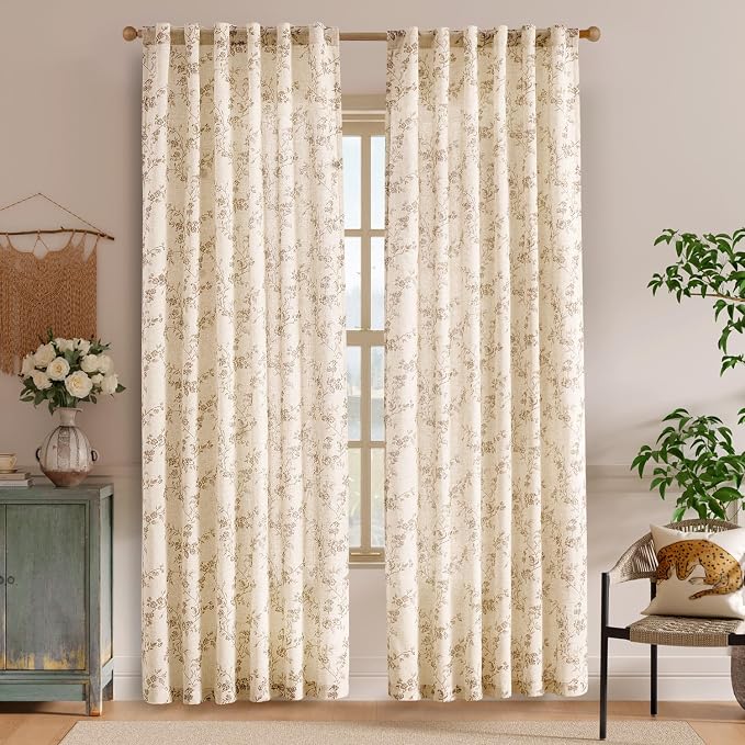Lazzzy Taupe Floral Linen Curtains 84 Inch Farmhouse Curtain Back Tab Drapes - Image 2