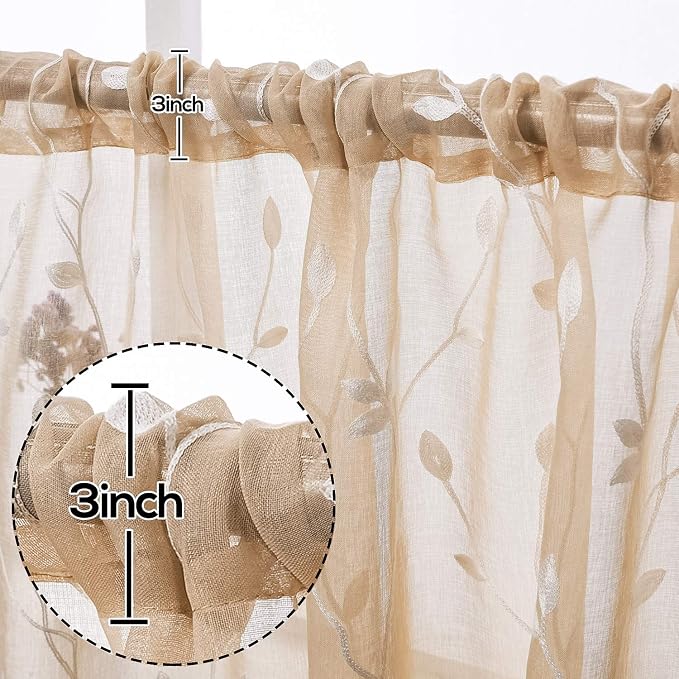 AmHoo 2 Panels Embroidered Leaf Pattern Semi Sheer Curtains Foliage Floral - Image 3
