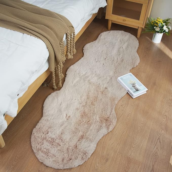 Ghouse Soft Faux Sheepskin Fur Rug 2x6 Light Brown Beige Fluffy Bedside Rugs by Ghouse