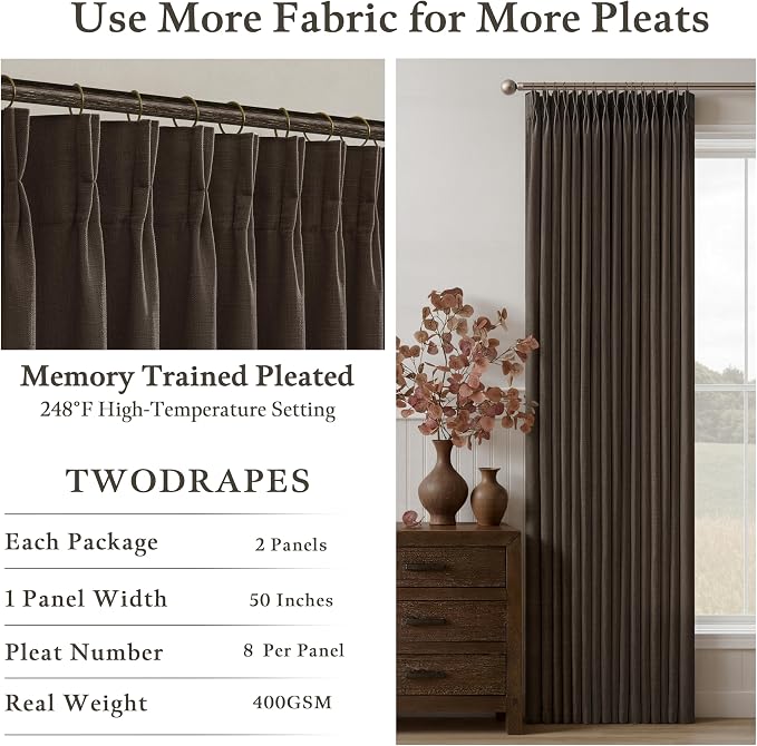 108 Inches Dark Brown Linen Pinch Pleated Semi Sheer Curtains 50W | Pleat Flax - Image 4