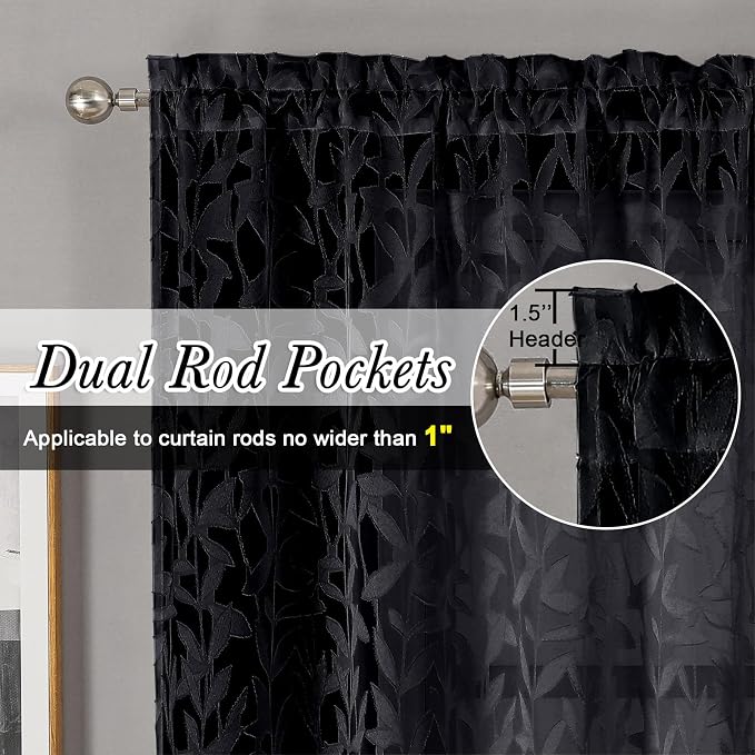 Lecloud Leia Black Sheer Curtains 30 Inch Length 2 Pieces, Breathable Jacquard - Image 2