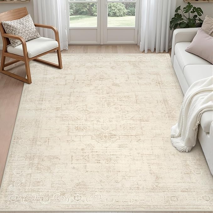 6x9 Area Rugs for Living Room: Vintage Boho Neutral Washable Rug Indoor Soft by Luxturiy