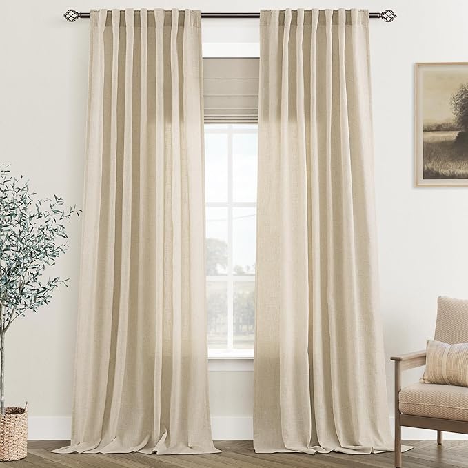 Greyish Beige Linen Curtain 120 inch Length 2 Panels Set Back Tab Light by Jolilight