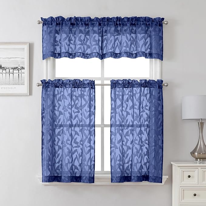 Lecloud Leia Dusty Blue Sheer Kitchen Curtains 30 Inch Length 2 Panels Set - Image 5