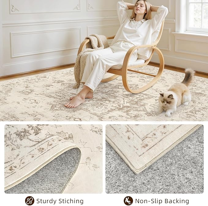 Area Rugs 9x12 Living Room: Vintage Boho Neutral Washable Rug Indoor Soft Large - Image 4