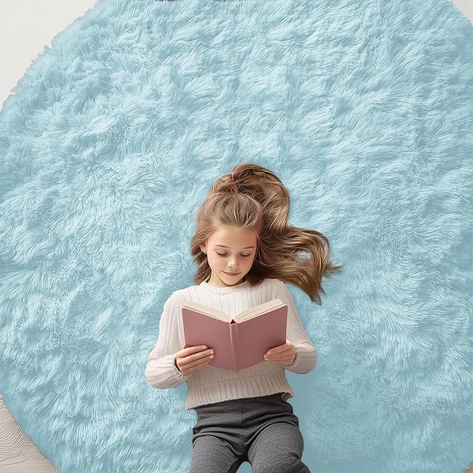 OLANLY Light Blue Round Rugs for Bedroom by OLANLY