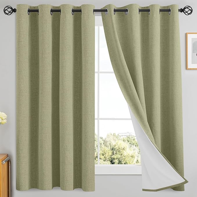 Yakamok Linen Sage Curtains 100% Blackout 63 Inches Long, Room Darkening by Yakamok