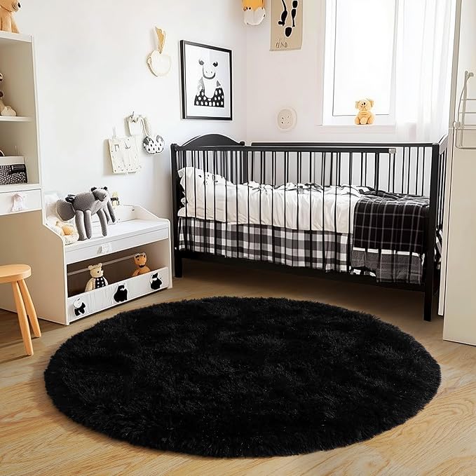 5'x5' Black Round Rug for Bedroom, Ultra Soft Fluffy Circle Rug for Kids Girls - Image 3
