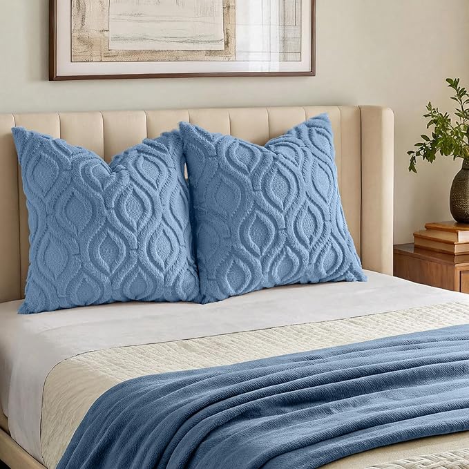 decorUhome Throw Pillow Covers 16x16 Inch Set of 2, Soft Plush Faux Wool Bluen - Image 7