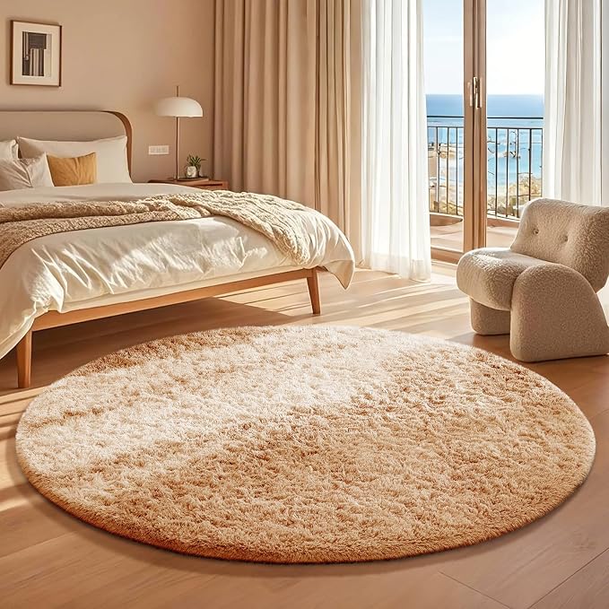 Ophanie Round Rug 4Ft Beige Circle Area Rug, Fluffy Fuzzy Small Bedroom Carpet - Image 5