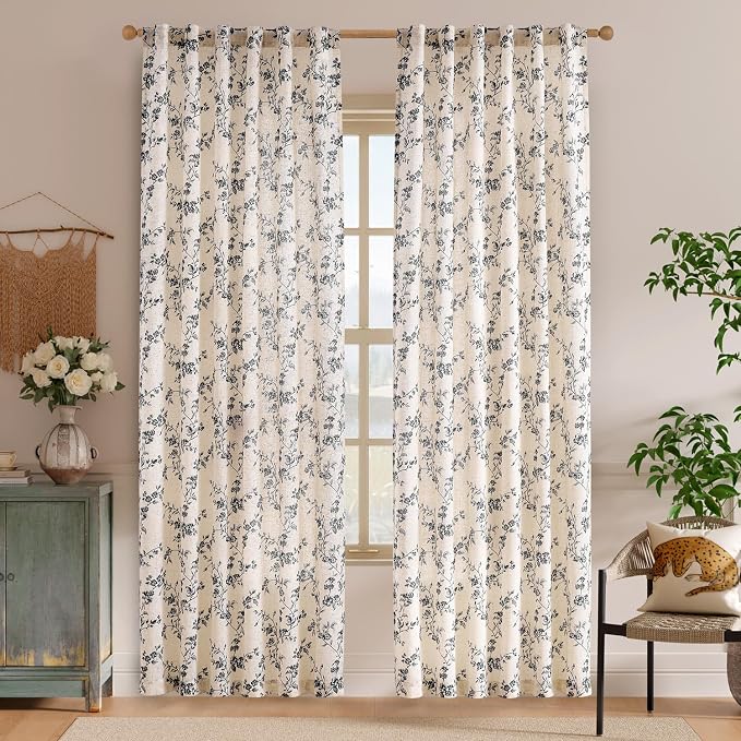 Lazzzy Farmhouse Linen Curtains Black Floral Curtains 84 Inch Length Back Tab - Image 2