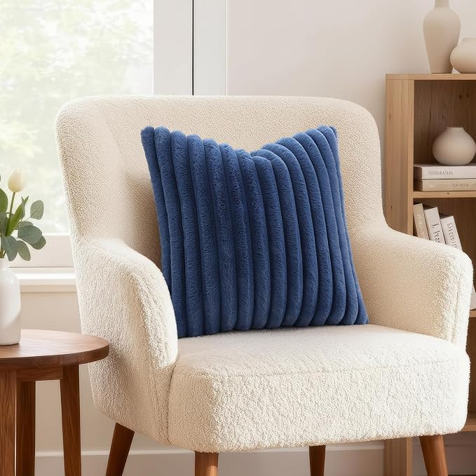 decorUhome Fall Faux Fur Throw Pillow Covers 26x26 Set of 2 Navy Blue | - Image 4
