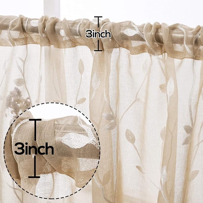 AmHoo 2 Panels Embroidered Leaf Pattern Semi Sheer Curtains Foliage Floral - Image 3