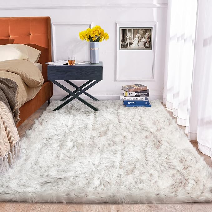 ORINOVA 5x7 Area Rug White and Gray Washable Shaggy Faux Sheepskin Fur Rug by ORINOVA