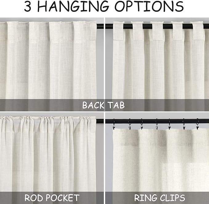 Extra Long Cream Linen Curtains 102 Inches Long 2 Panels Set - Image 2