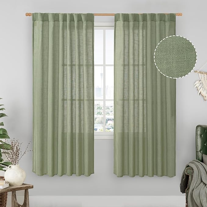 LAMIT Sage Green Light Filtering Linen Curtains 68 inches Long by LAMIT