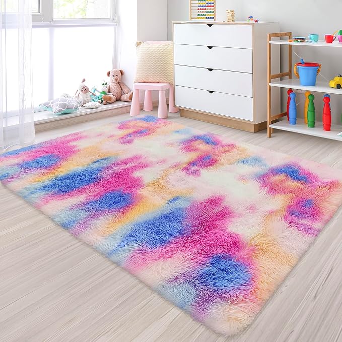 Small Fluffy Colorful Rug for Bedroom Girls 3x5 Kawaii Rainbow Tie Dye Area Rug by JiaoBaba