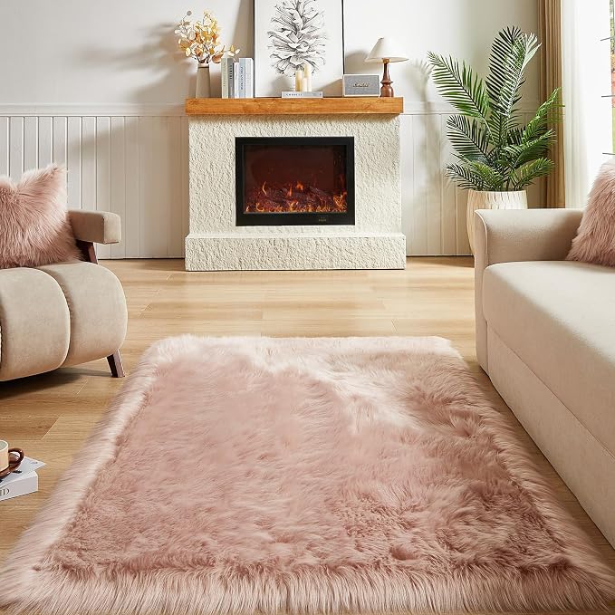 AMTOVO Faux Fur Sheepskin Rug for Living Room, 4 x 6 ft Pink Fluffy Area Rug - Image 2