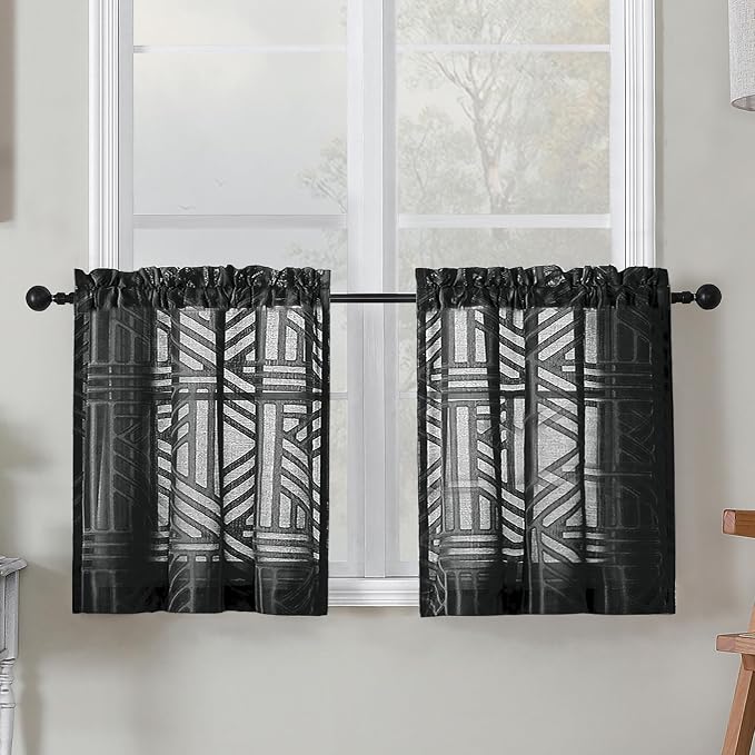 Simplebrand Sheer Black Kitchen Curtains 24 Inch Length Tier Curtains 2 Panels by Simplebrand