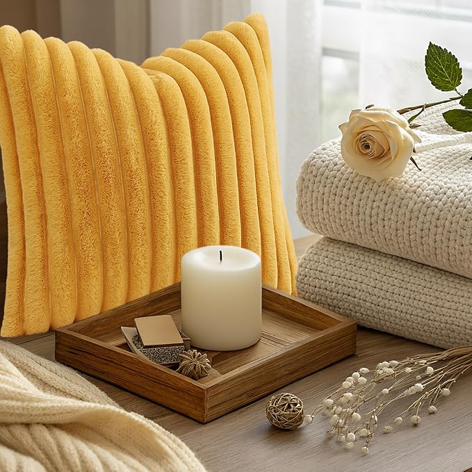 decorUhome Fall Faux Fur Throw Pillow Covers 20x20 Set of 2 Mustard Yellow | - Image 9