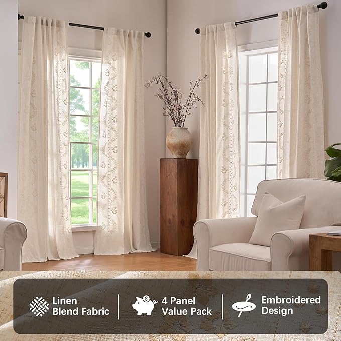 jinchan Belrose 4 Panel Curtains Set 84 Inch Length Floral Curtains Linen Blend - Image 2