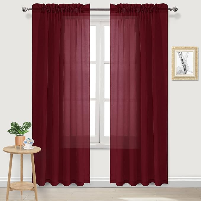 DWCN Christmas Burgundy Sheer Curtains Semi Transparent Voile Rod Pocket by DWCN