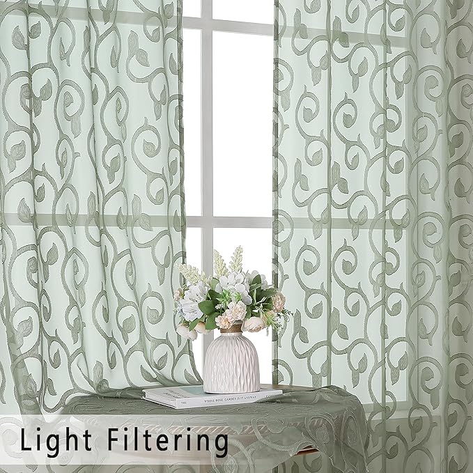 OWENIE Furman Sage Green Sheer Curtains 54 Inch Length 2 Panels Set - Image 3