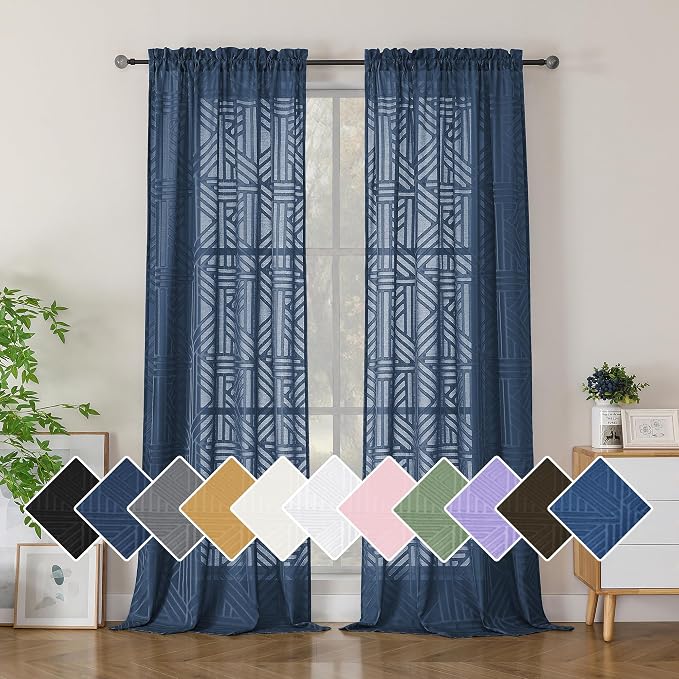 Simplebrand Navy Blue Semi Sheer Curtains 96 Inches Long 2 Panels, Light by Simplebrand