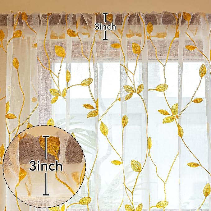 AmHoo 2 Panels Embroidered Leaf Pattern Semi Sheer Curtains Foliage Floral - Image 3