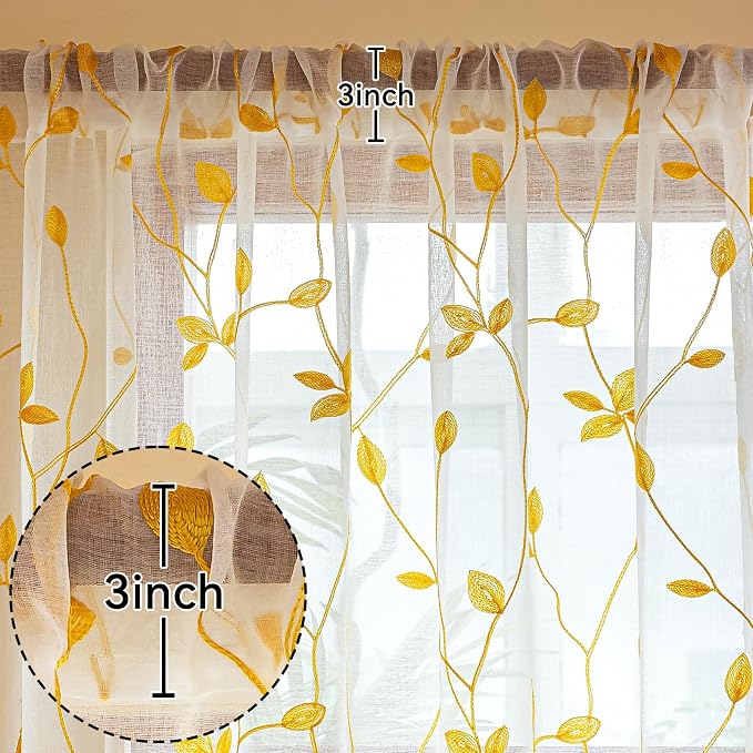 AmHoo 2 Panels Embroidered Leaf Pattern Semi Sheer Curtains Foliage Floral - Image 3