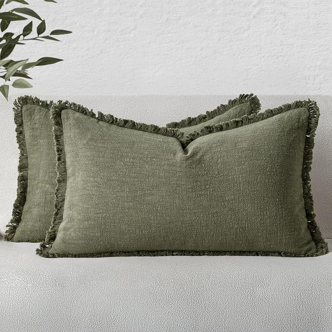 MIULEE Decorative Lumbar Throw Pillow Covers Neutral Linen Fringe Throw Pillows by MIULEE