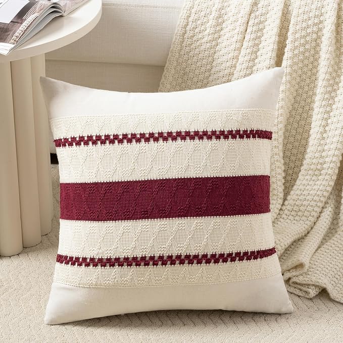 Fancy Homi Set of 1 Burgundy Boho Decorative Throw Pillow Covers 22x22 Inch by Fancy+Homi
