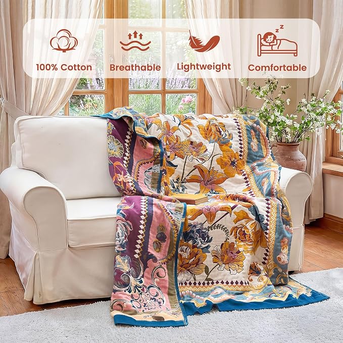 MSGKV Boho Throw Blanket 50"x60" Couch Floral 100% Cotton Blanket Spring - Image 2
