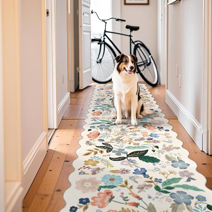 Washable 3x12 Hallway Runner Rug: Soft Floral Scalloped Runners by HYHAOYUNLAI