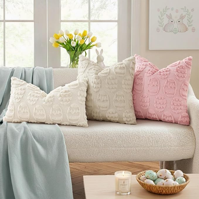 decorUhome Easter Beige Egg Pillow Covers 20x20 Inch Set of 2, Soft Plush Faux - Image 3