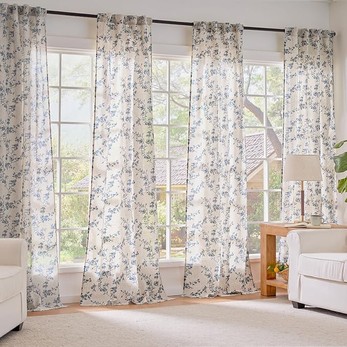 Lazzzy Blue Floral Linen Curtains 96 Inch Farmhouse Back Tab Drapes - Image 7