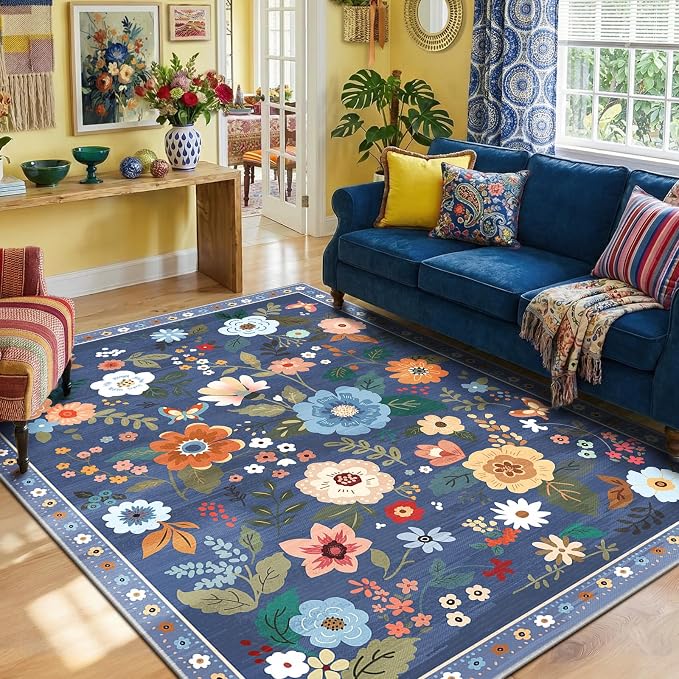 RELEANY Floral Washable 7x9 Area Rugs Blue/Grey | Flower Carpet Print Boho Cute - Image 2