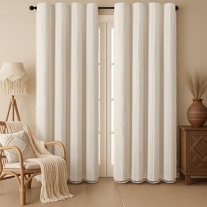 Boho Blackout Curtains 90 Inches Long Beige Linen Blend 2 Panels by Unknown