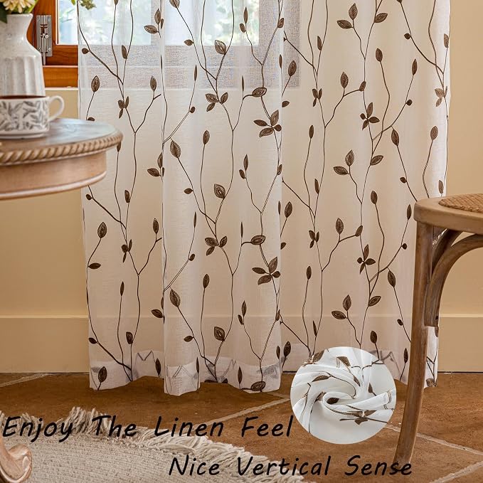 AmHoo 2 Panels Embroidered Leaf Pattern Semi Sheer Curtains Foliage Floral - Image 5