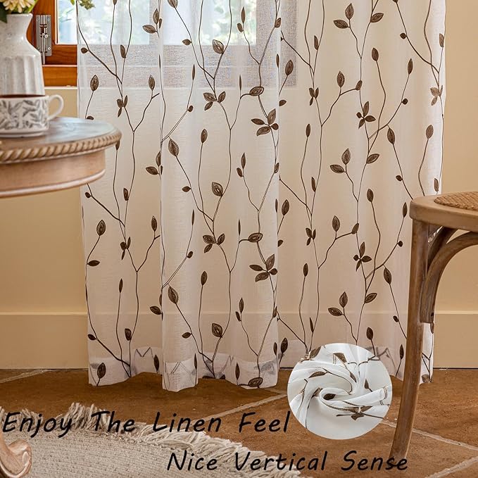 AmHoo 2 Panels Embroidered Leaf Pattern Semi Sheer Curtains Foliage Floral - Image 5