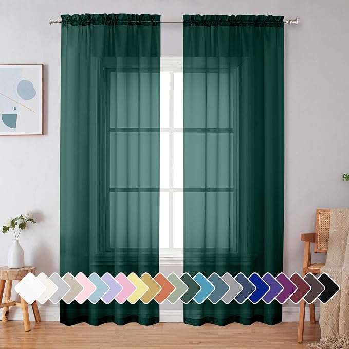 Simplebrand Hunter Green Sheer Curtains 84 Inches Long 2 Panels, Light by Simplebrand
